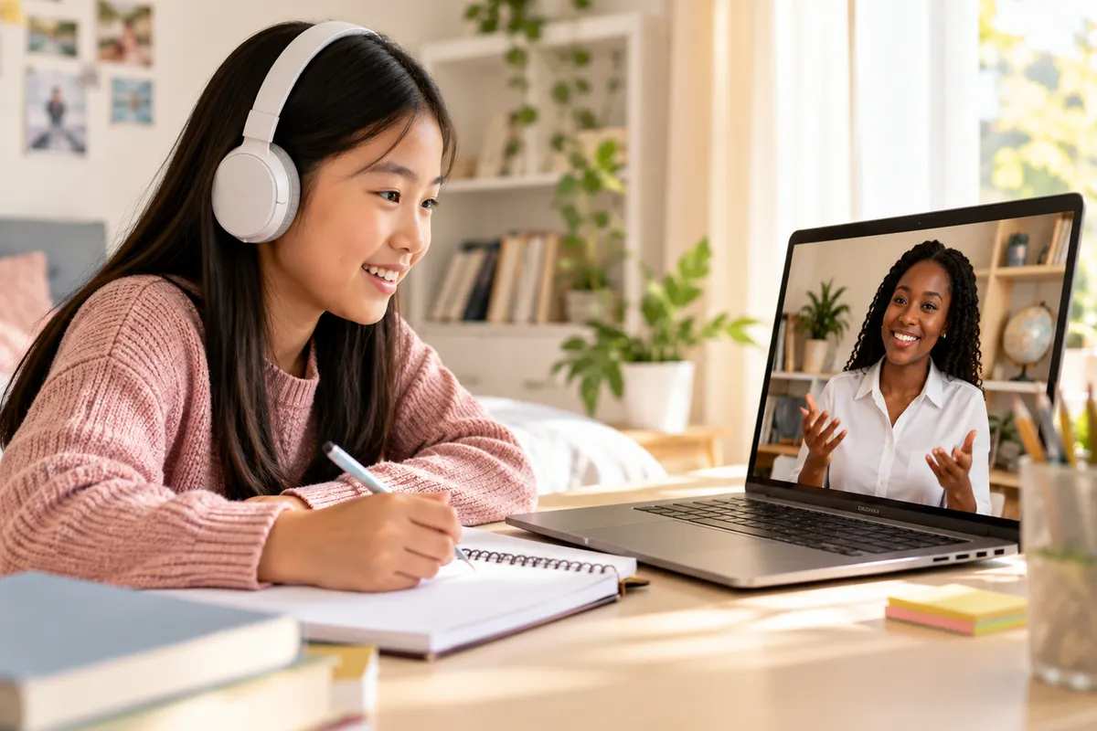 Student smiling and taking notes during a live online lesson with an African educator