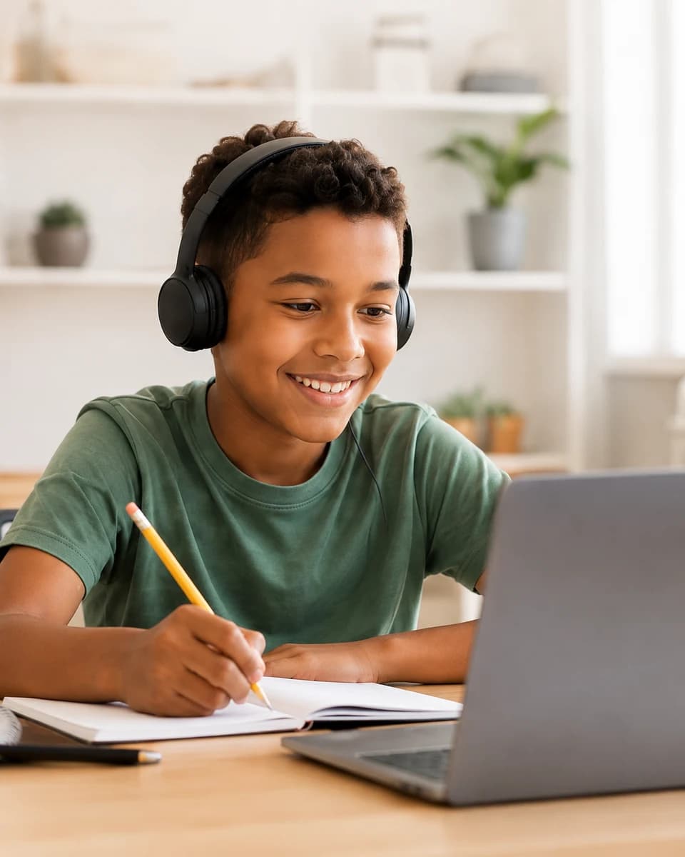 A young learner smiling during an online lesson